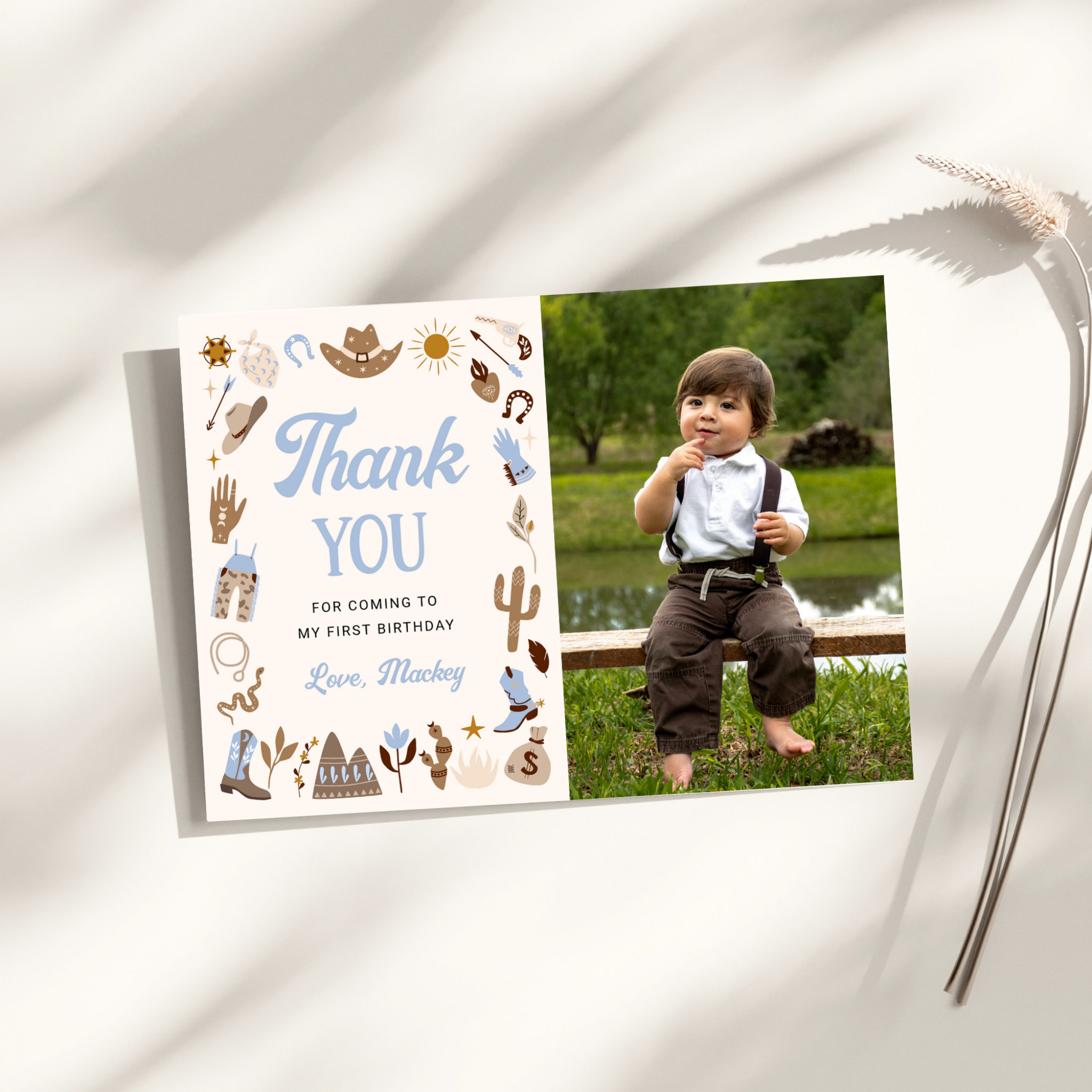 Western First Rodeo Wild West Cowboy Blue Birthday Thank You Card