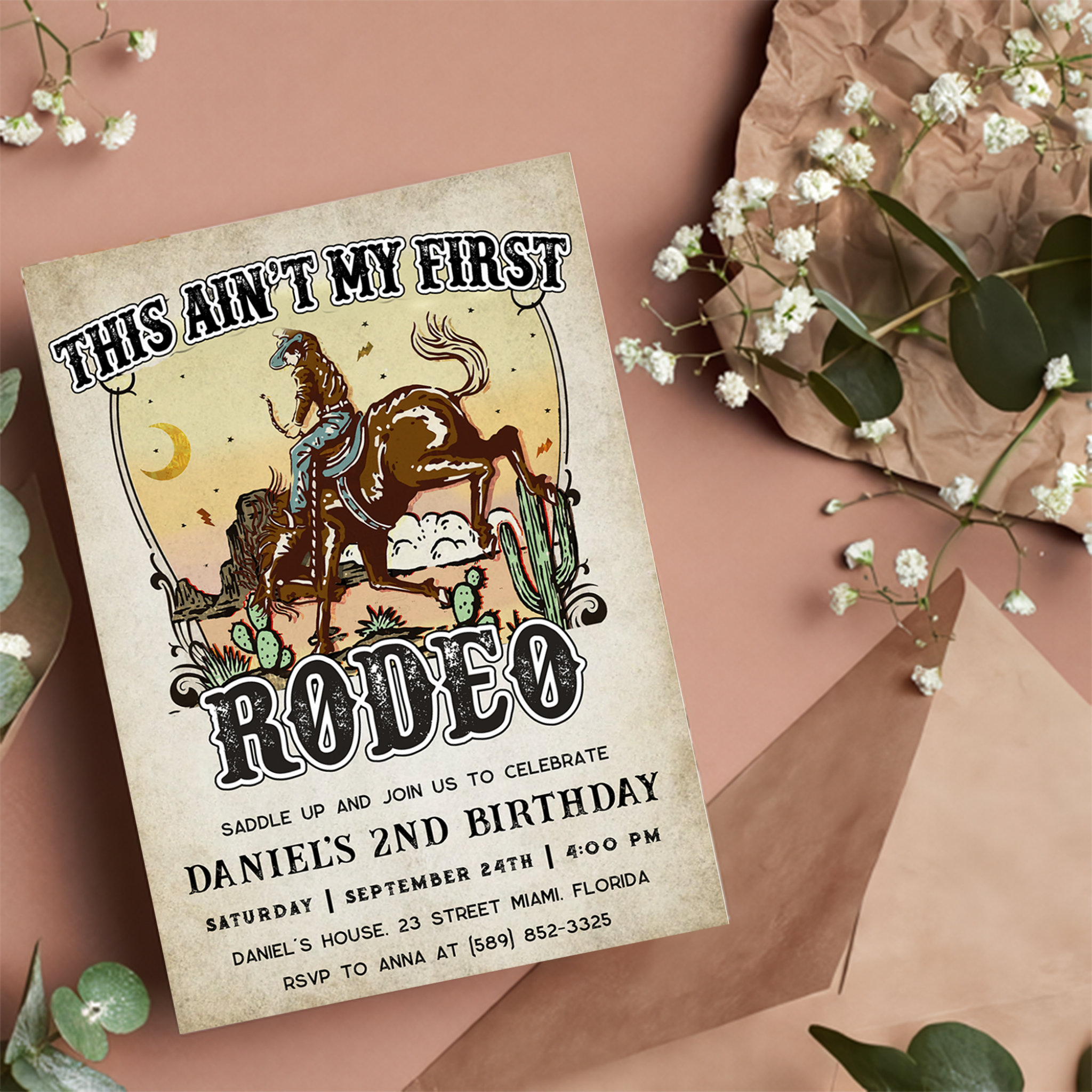 Western This Ain't My First Rodeo 2nd Birthday Invitation