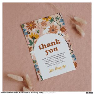 wild_one_retro_boho_wildflower_1st_birthday_party_thank_you_card-r_vsaeyw_2154 Wild One Retro Boho Wildflower 1st Birthday Party Thank You Card