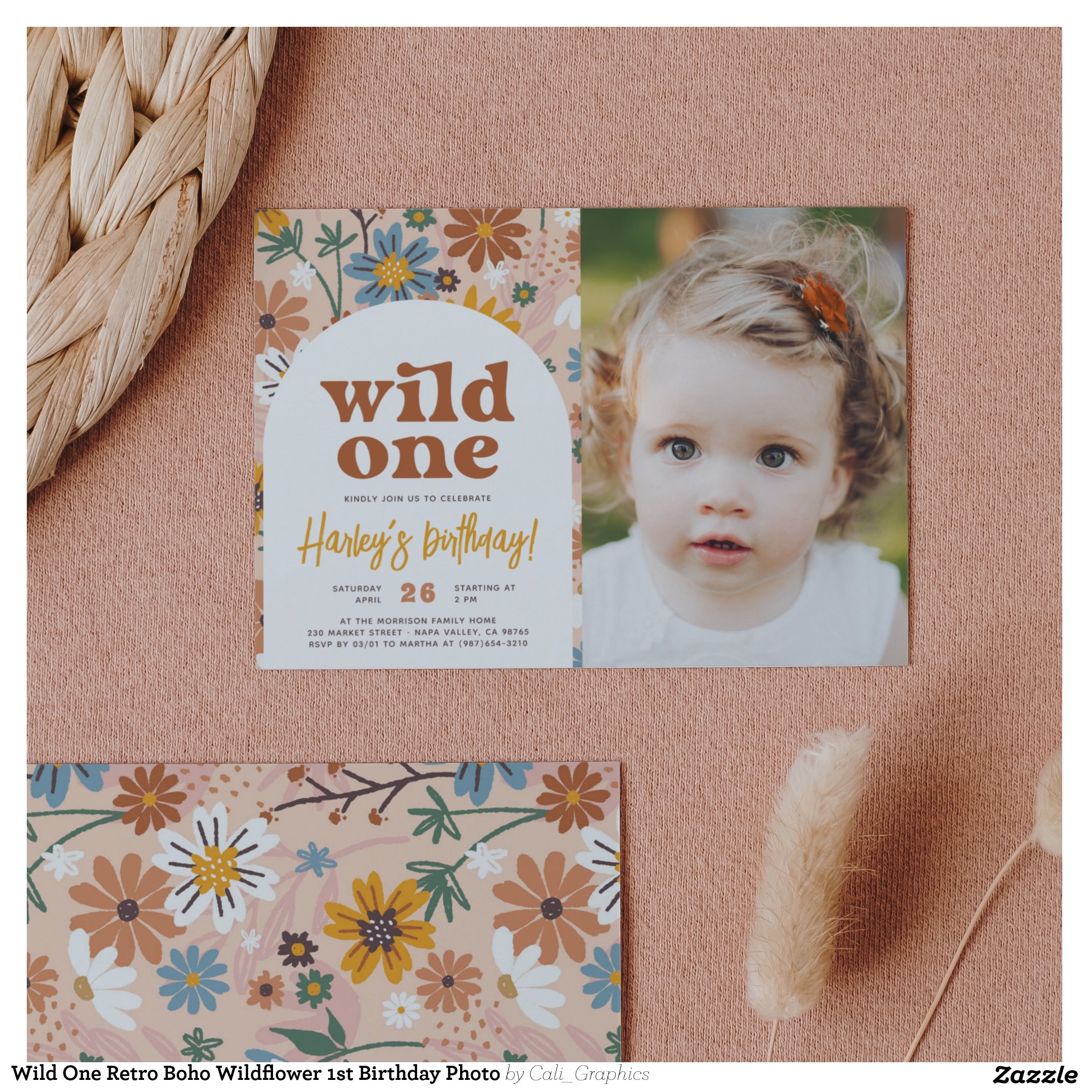 Wild One Retro Boho Wildflower 1st Birthday Photo Invitation