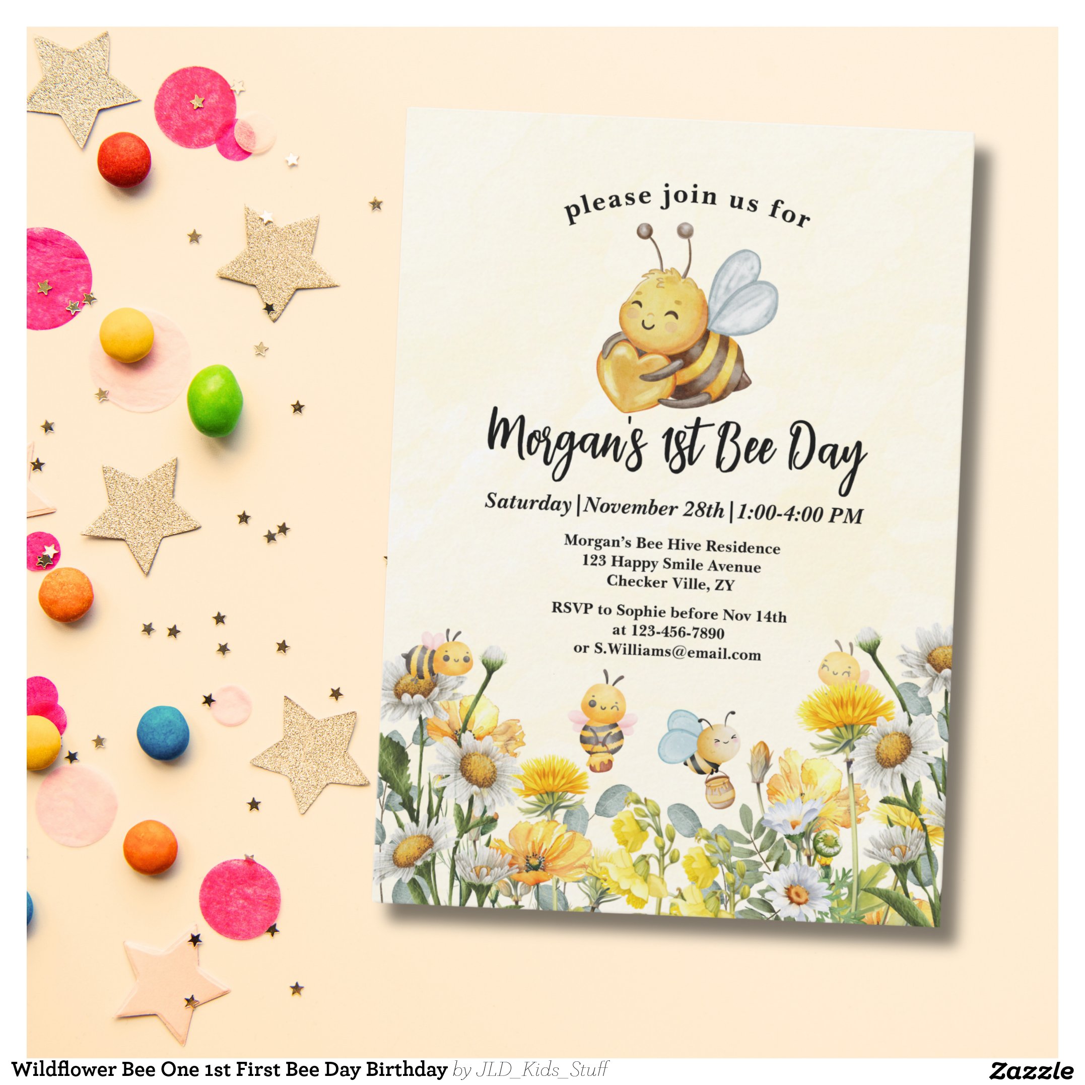 Wildflower Bee One 1st First Bee Day Birthday Invitation