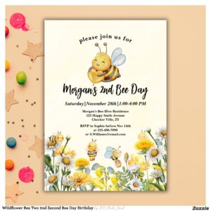 Wildflower Bee Two 2nd Second Bee Day Birthday Invitation
