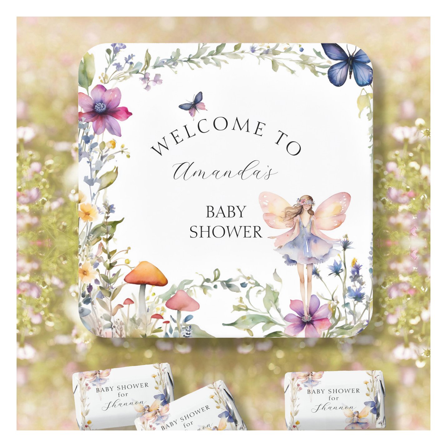 Wildflower Fairy Butterfly Garden Baby Girl Shower Square Paper Coaster