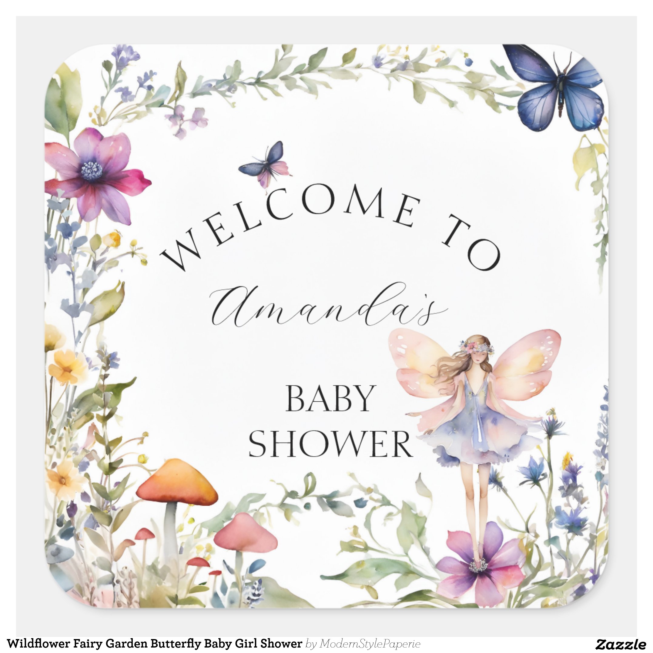 Wildflower Fairy Garden Butterfly Baby Girl Shower Square Sticker