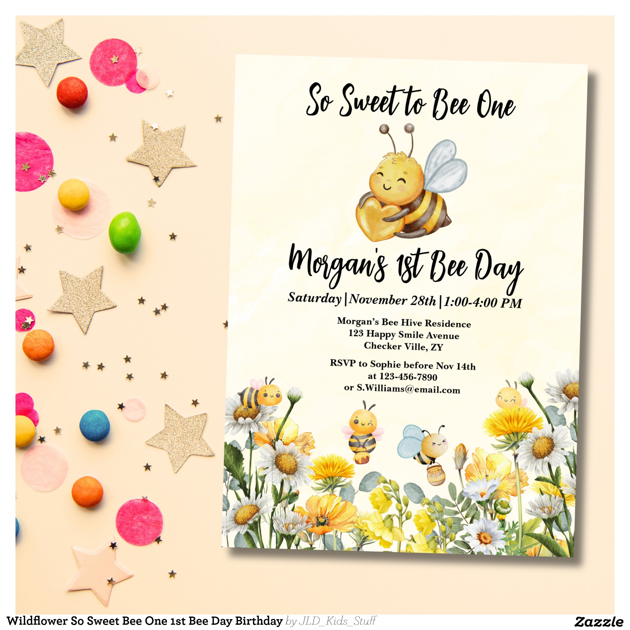 Wildflower So Sweet Bee One 1st Bee Day Birthday Invitation