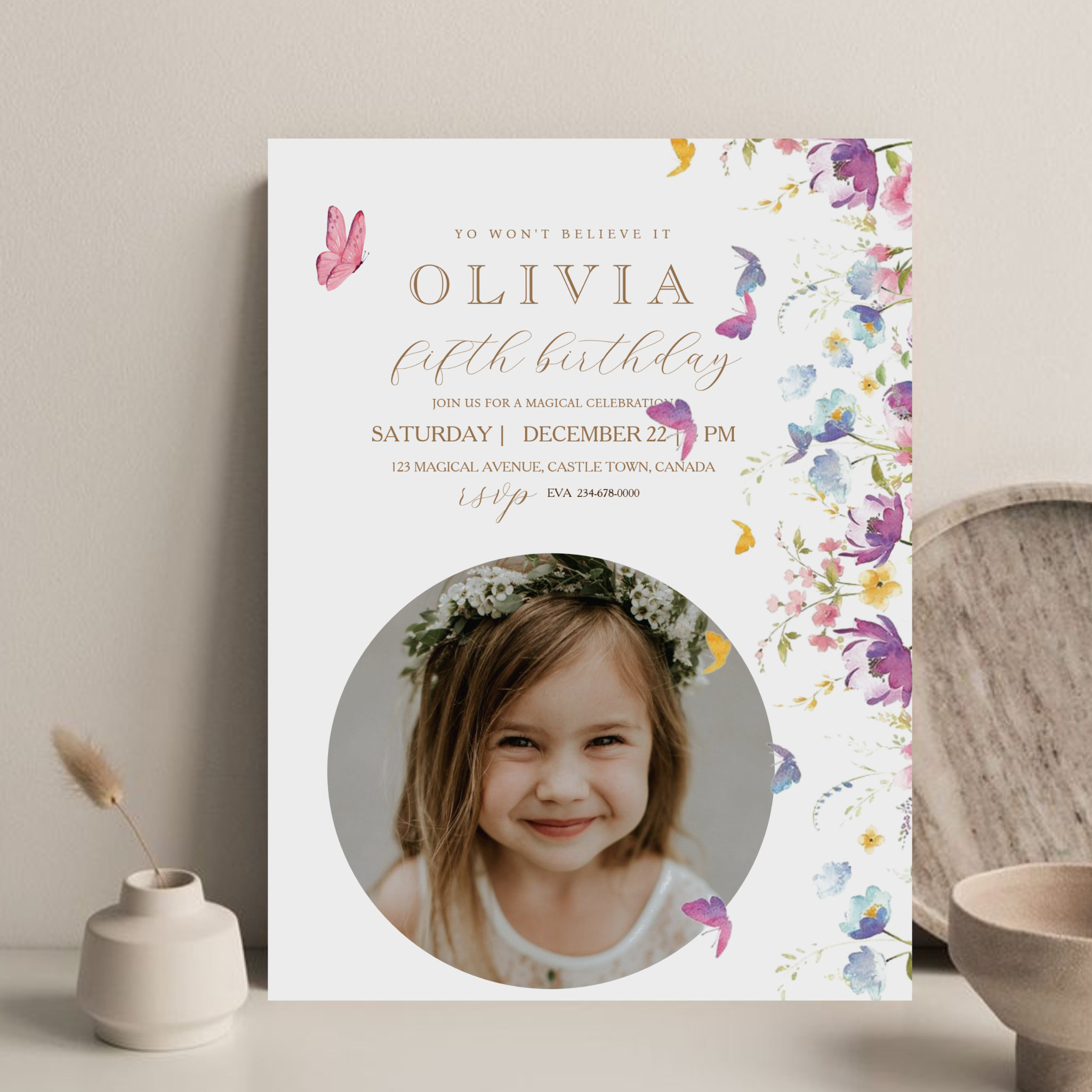 Wildflowers Colorful Butterfly Photo Birthday Invitation