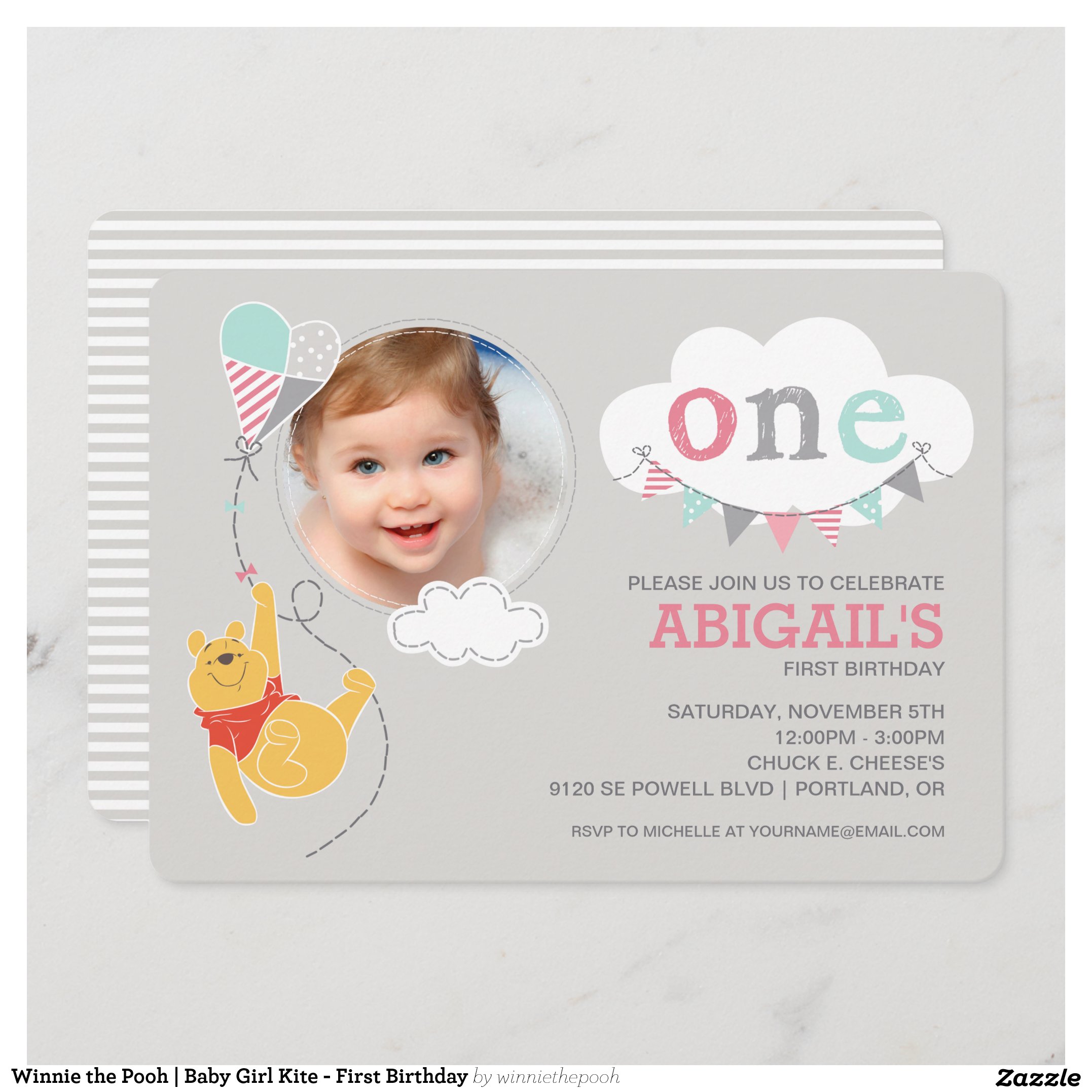 Winnie the Pooh Baby Girl Kite - First Birthday Invitation