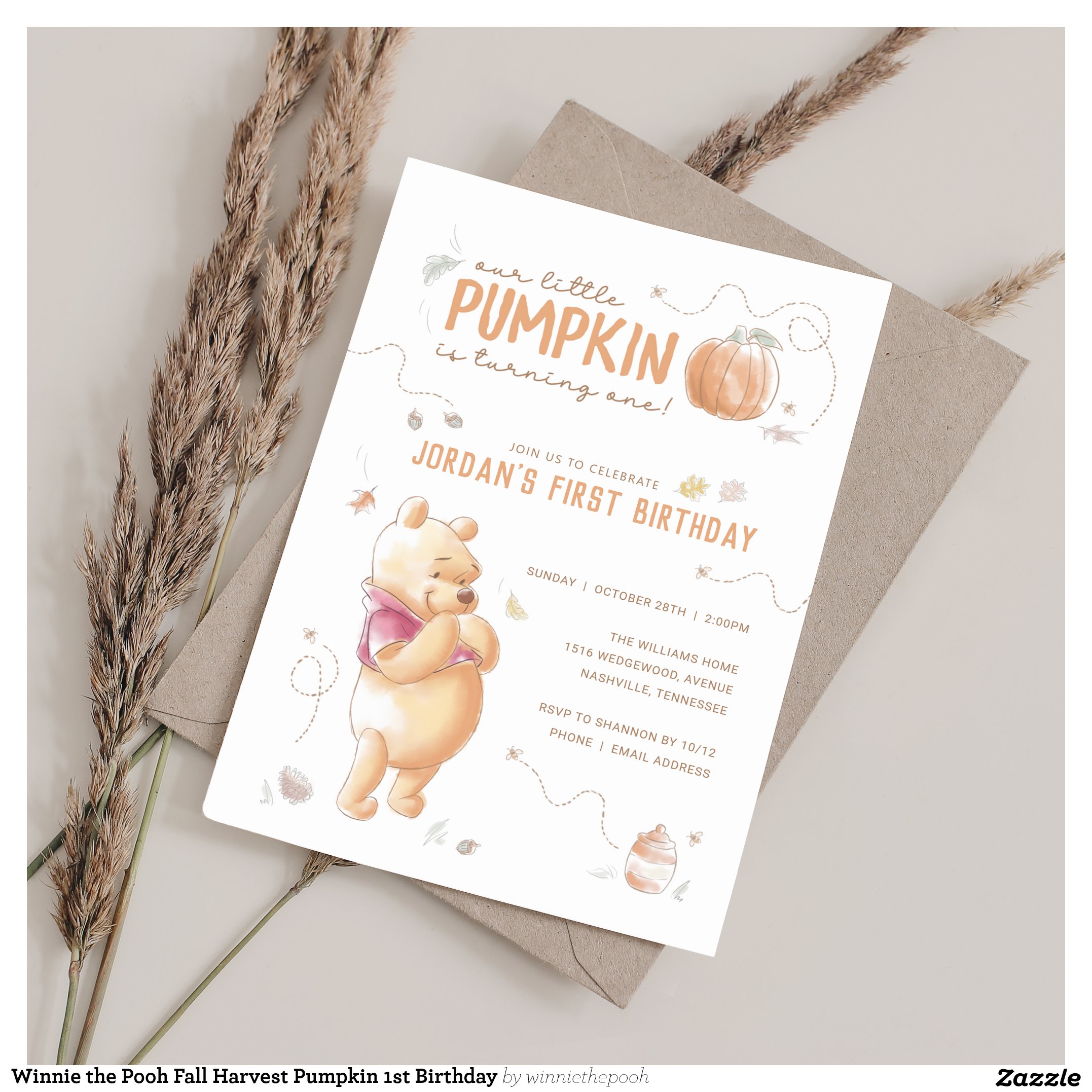 Winnie the Pooh Fall Harvest Pumpkin 1st Birthday Invitation