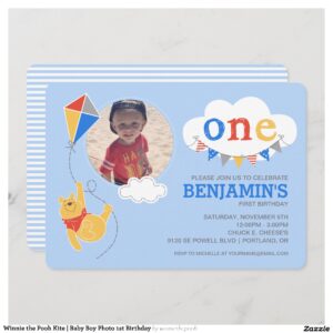 Winnie the Pooh Kite Baby Boy Photo 1st Birthday Invitation
