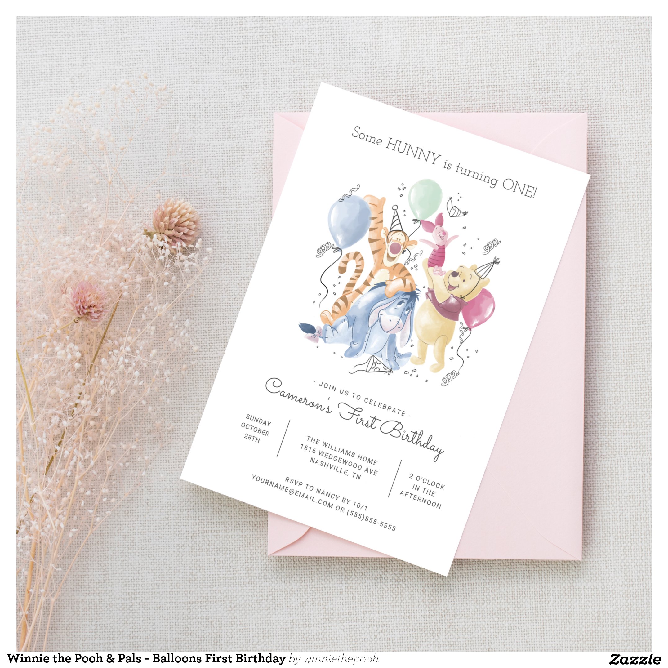 Winnie the Pooh & Pals - Balloons First Birthday Invitation