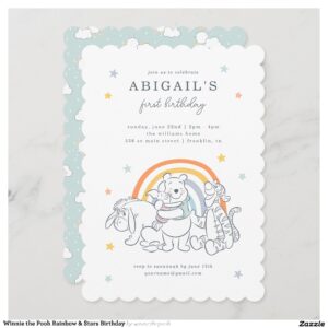 Winnie the Pooh Rainbow & Stars Birthday Invitation