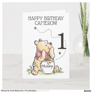 Winnie the Pooh Watercolor First Birthday Card
