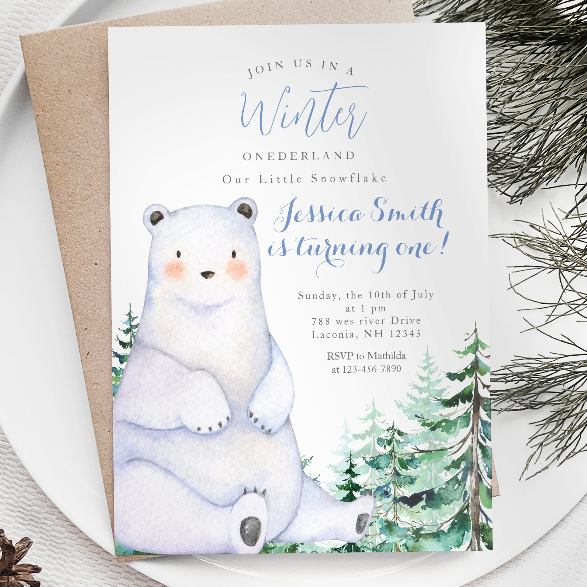 Winter Bear Forest Rustic Onederland 1st birthday Invitation