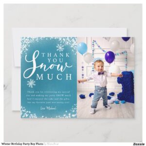 Winter Birthday Party Boy Photo Thank You Card