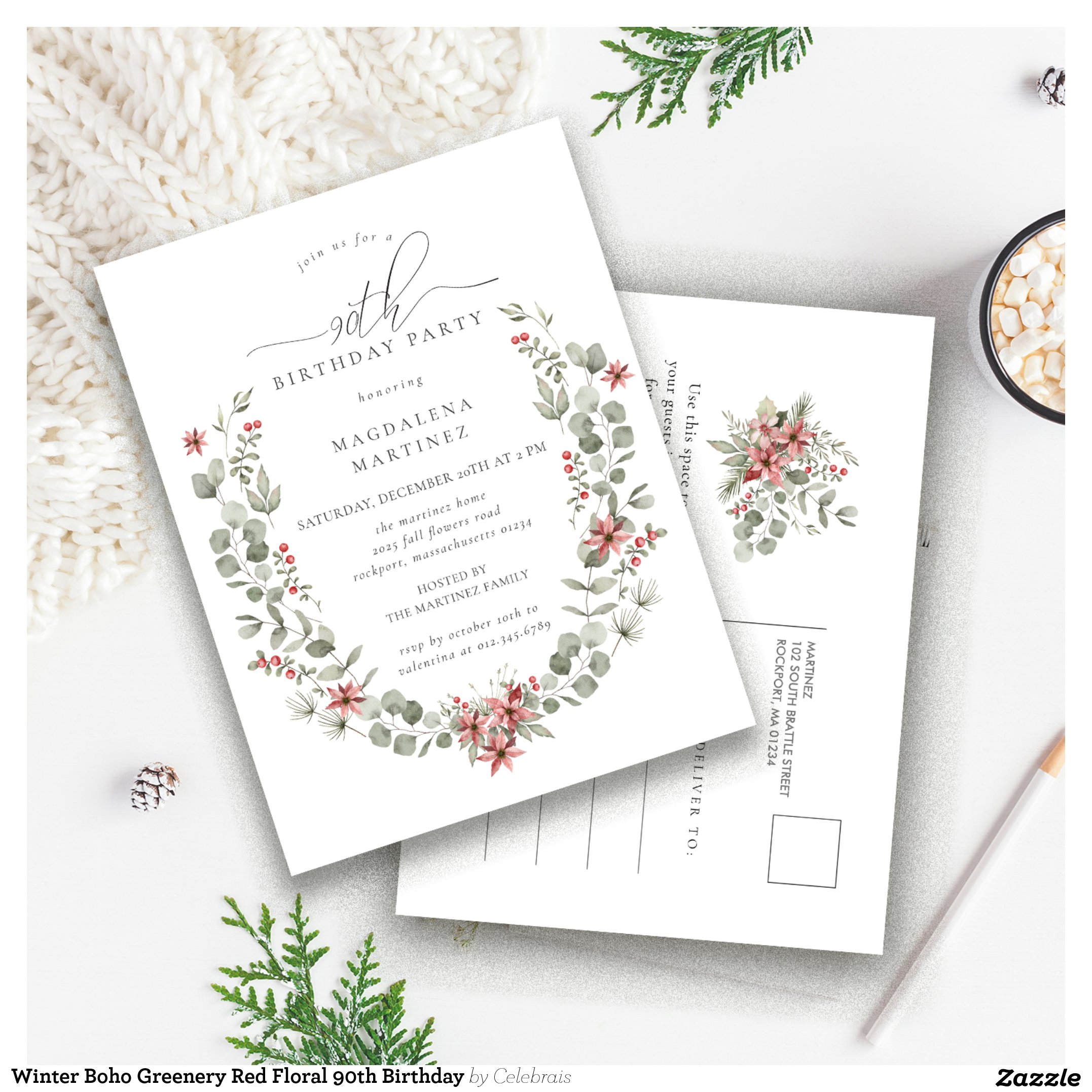 Winter Boho Greenery Red Floral 90th Birthday Invitation Postcard