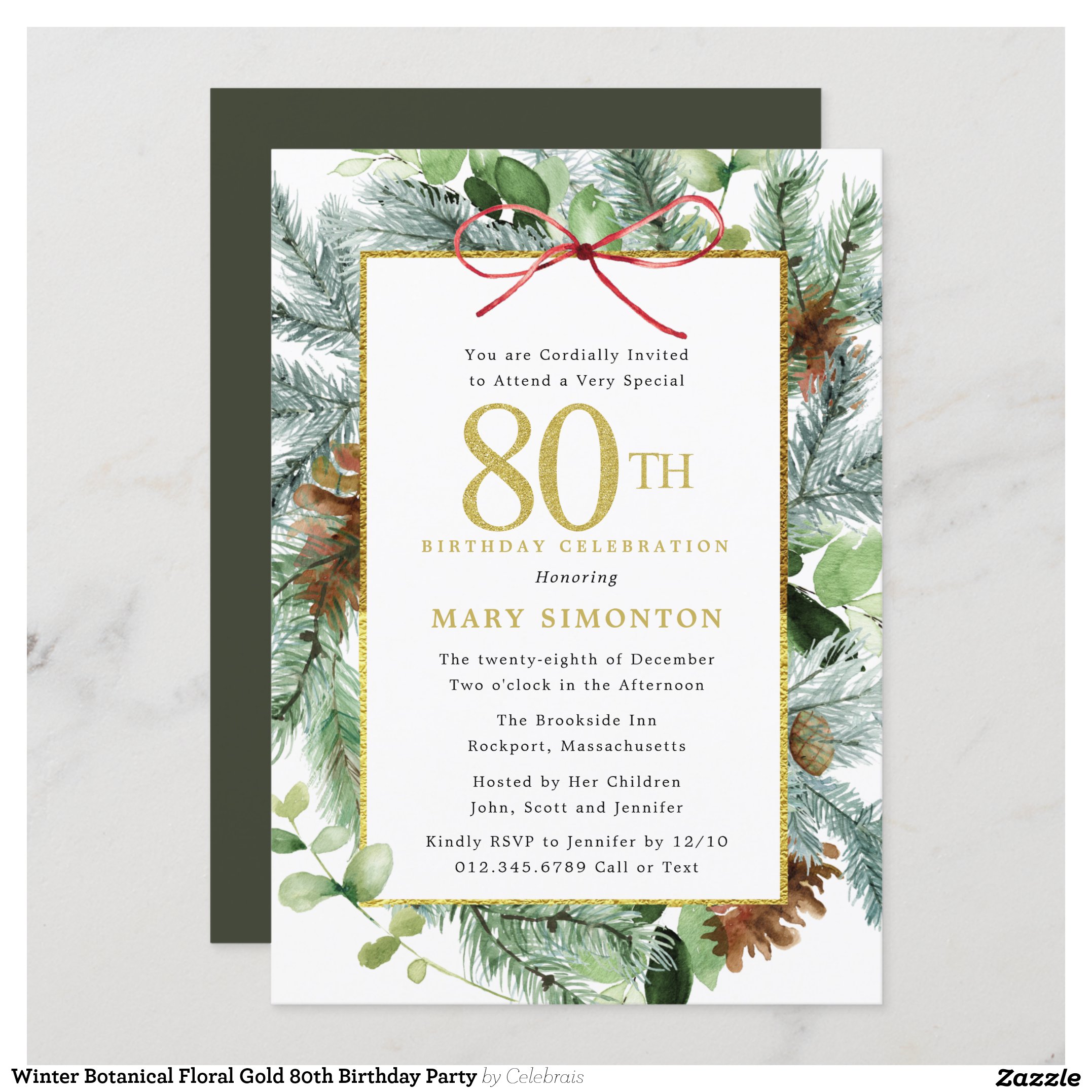 Winter Botanical Floral Gold 80th Birthday Party Invitation