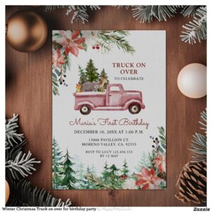 Winter Christmas Truck on over for birthday party Invitation
