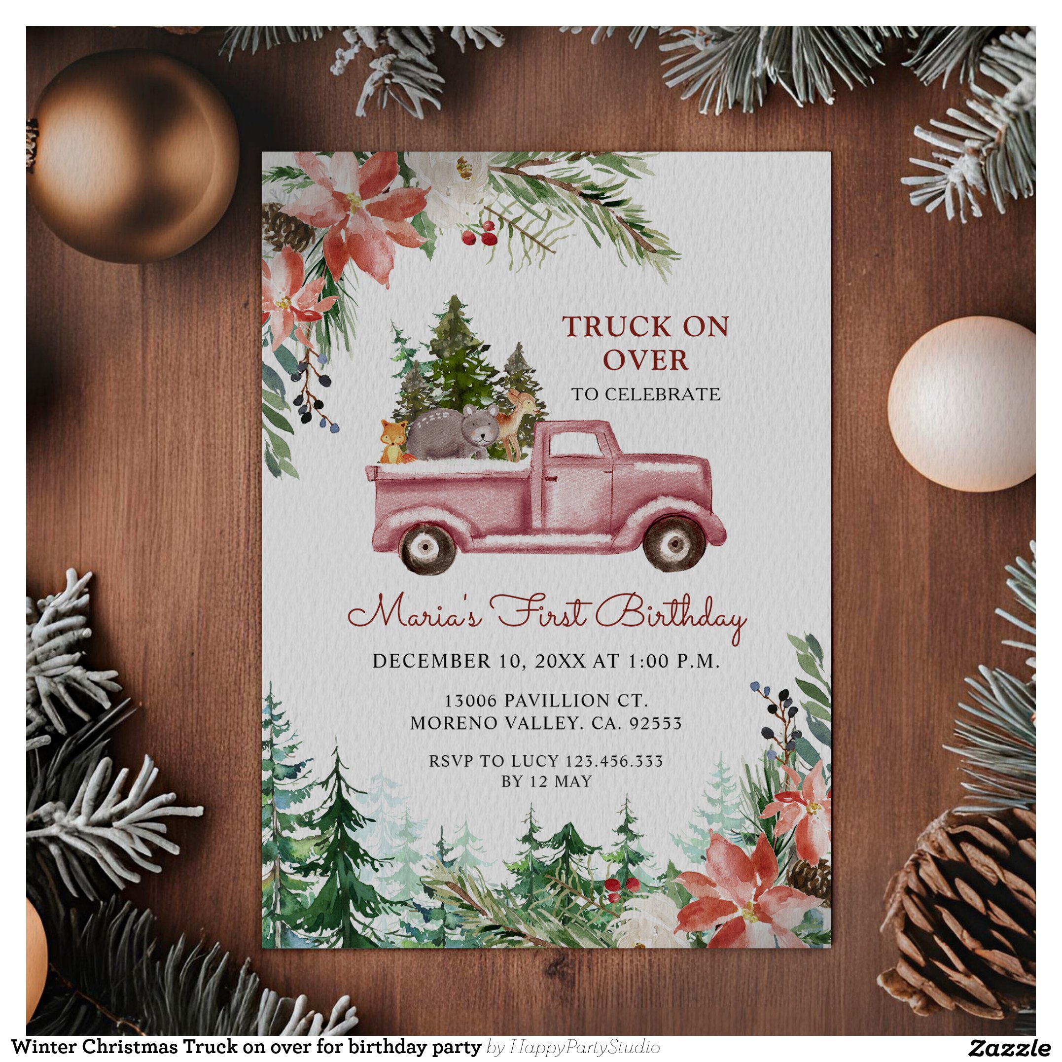 Winter Christmas Truck on over for birthday party Invitation