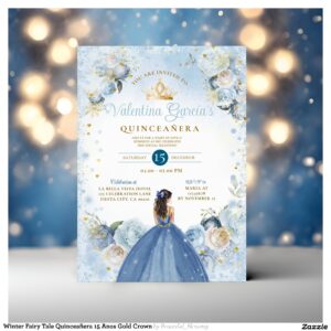 Winter Fairy Tale Quincea?era 15 Anos Gold Crown Invitation
