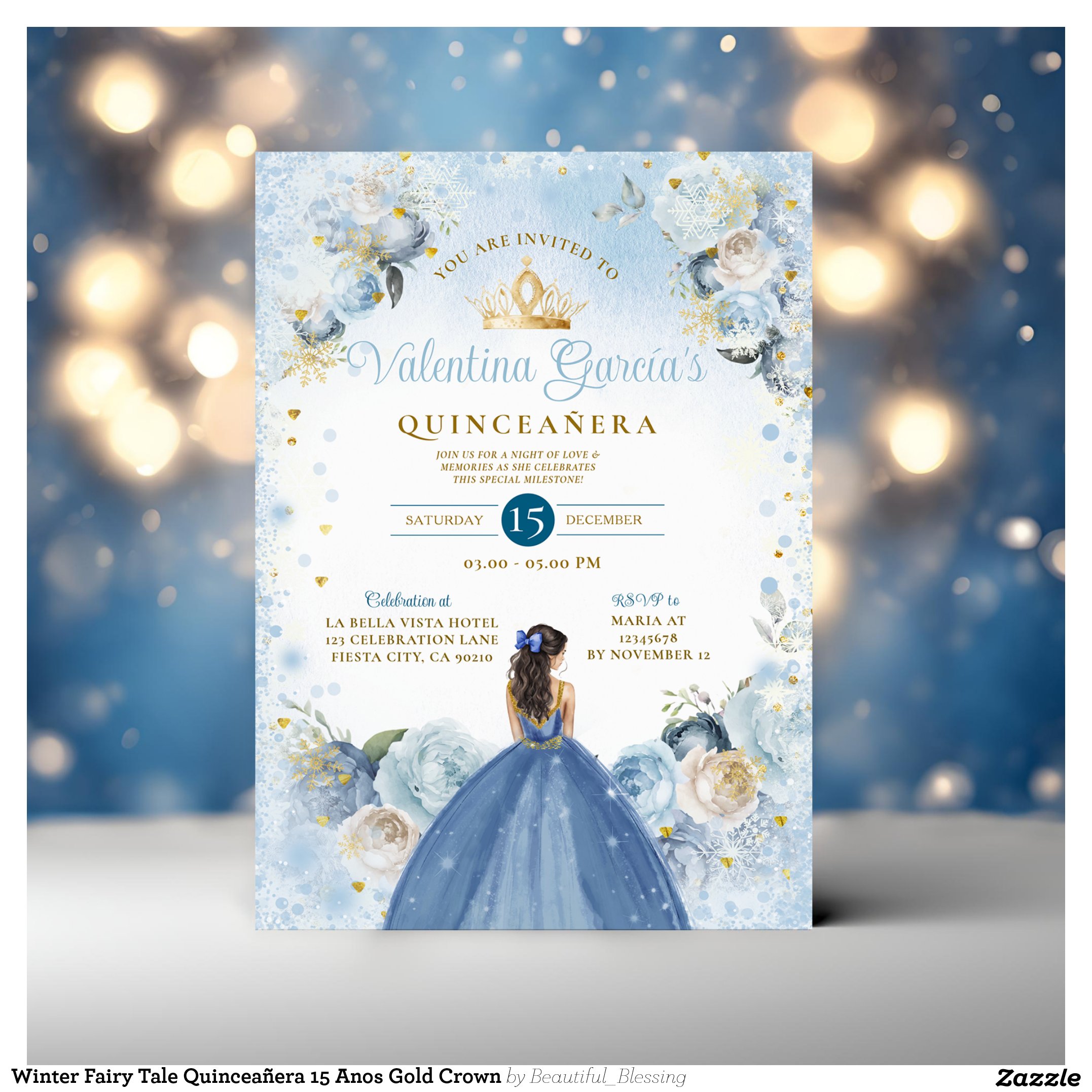 Winter Fairy Tale Quincea?era 15 Anos Gold Crown Invitation
