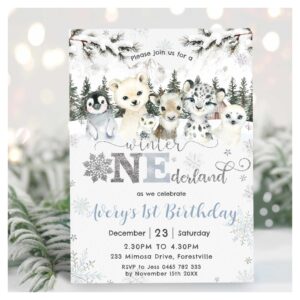 Winter Onederland Arctic Animals Snow 1st Birthday Invitation