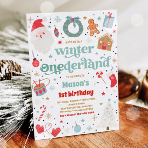 Winter ONEderland Blue Christmas Birthday Party Invitation