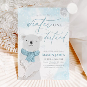 Winter Onederland Blue Polar Bear Birthday Invitation
