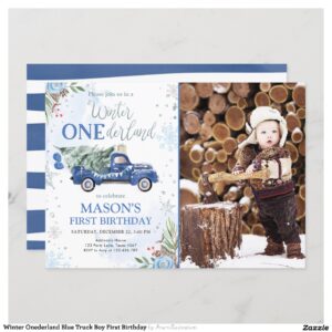 Winter Onederland Blue Truck Boy First Birthday Invitation