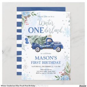 Winter Onederland Blue Truck First Birthday Invitation
