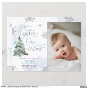 Winter Onederland Boy Blue Winter 1st Birthday Invitation