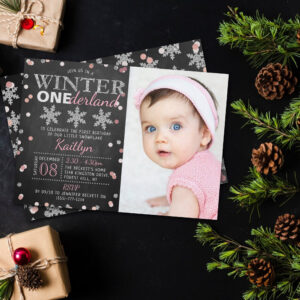 Winter ONEderland Chalkboard 1st Birthday Photo Invitation