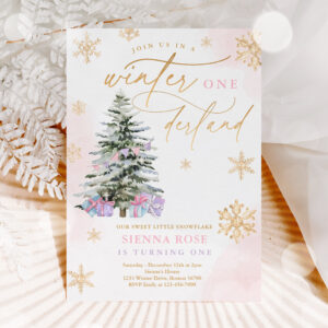 Winter Onederland Christmas Pink & Gold Birthday Invitation
