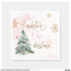 Winter Onederland Girl Pink Gold 1st Birthday Napkins