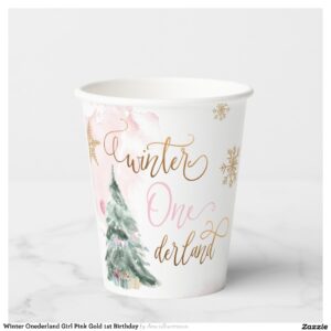 Winter Onederland Girl Pink Gold 1st Birthday Paper Cups