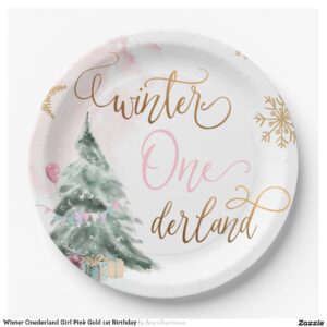 Winter Onederland Girl Pink Gold 1st Birthday Paper Plates