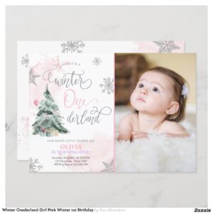 Winter Onederland Girl Pink Winter 1st Birthday Invitation