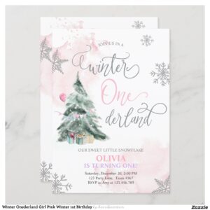 Winter Onederland Girl Pink Winter 1st Birthday Invitation