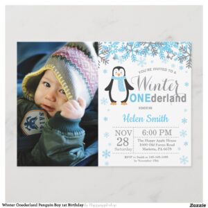 Winter Onederland Penguin Boy 1st Birthday Invitation