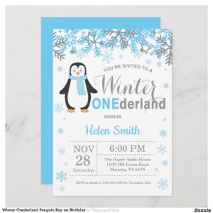 Winter Onederland Penguin Boy 1st Birthday Invitation