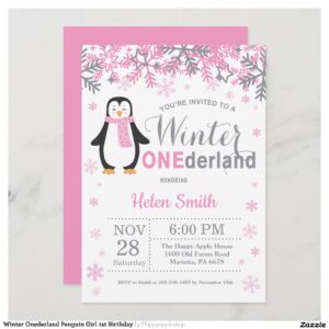 Winter Onederland Penguin Girl 1st Birthday Invitation