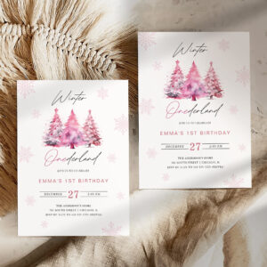 Winter Onederland Pink 1st Birthday Invitation