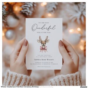 Winter Onederland Pink Bow Christmas Birthday Invitation