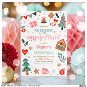 Winter ONEderland Pink Christmas Birthday Party Invitation