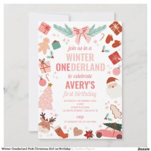 Winter Onederland Pink Christmas Girl 1st Birthday Invitation