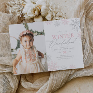 Winter Onederland Pink Glitter 1st Birthday Photo Invitation