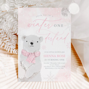 Winter Onederland Pink Polar Bear Birthday Invitation