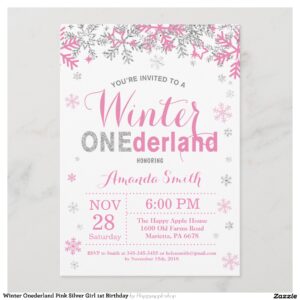 Winter Onederland Pink Silver Girl 1st Birthday Invitation
