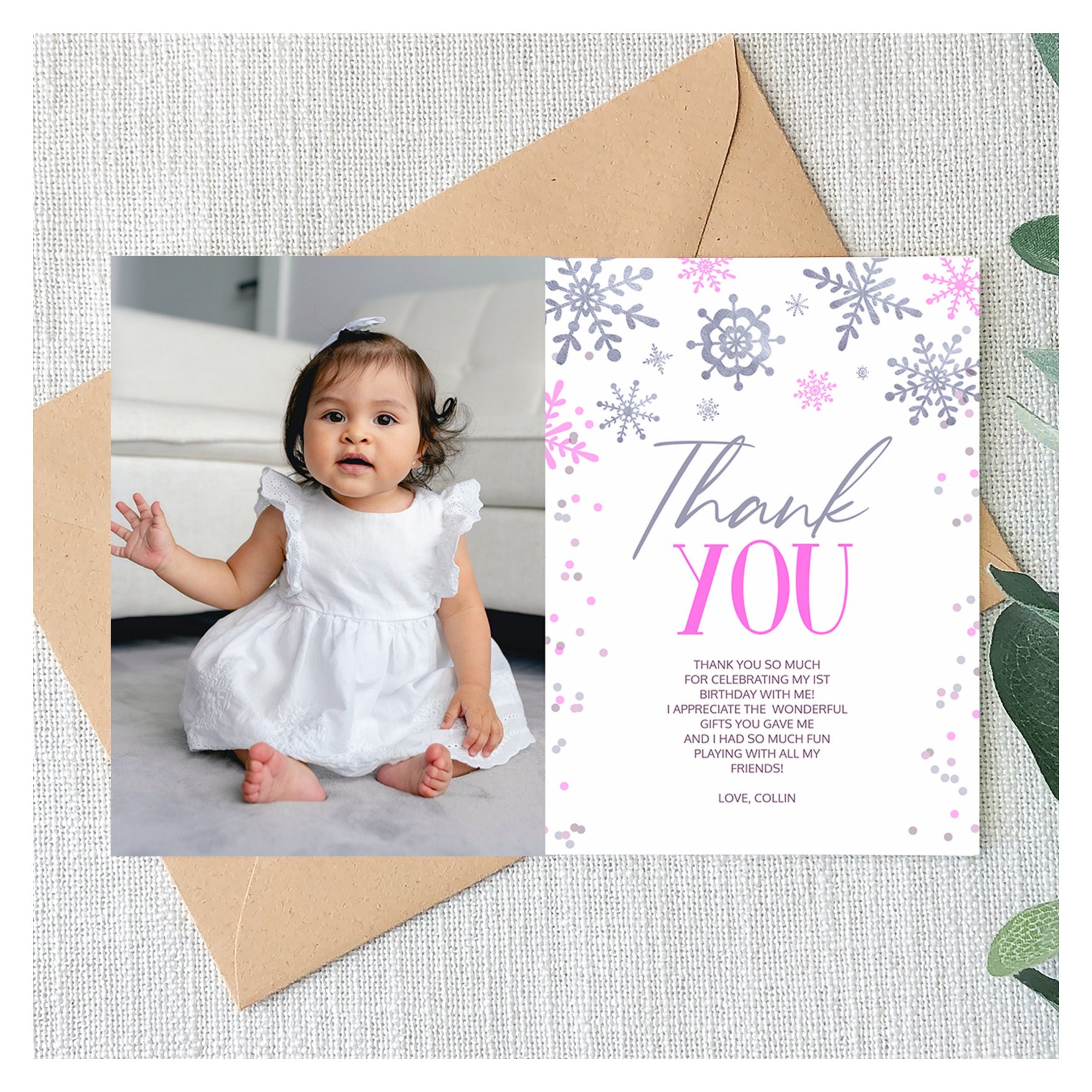 Winter ONEderland Pink Snowflake Birthday Party Thank You Card