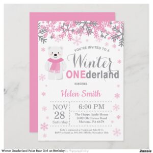 Winter Onederland Polar Bear Girl 1st Birthday Invitation