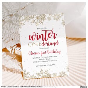 Winter Onederland Red 1st Birthday Gold Snowflakes Invitation